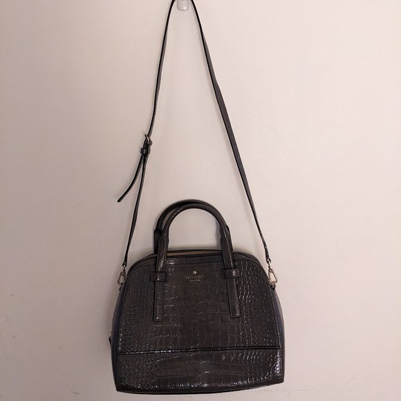 Kate Spade - Medium Grey Croc Embossed Leather Satchel w/ Gold Hardware - Picture 2 of 7